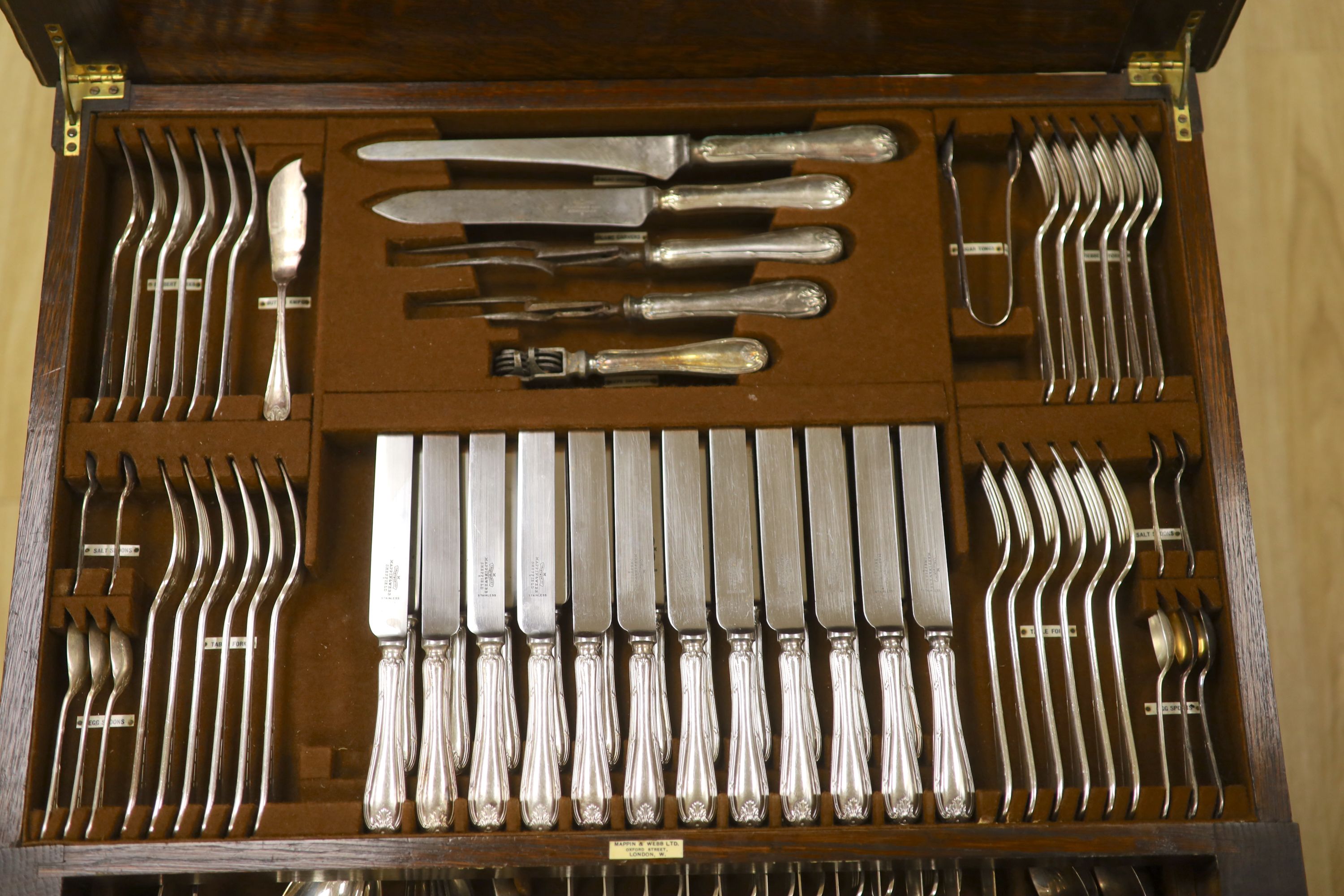 An early 20th century silver plated oak cased canteen (not complete)